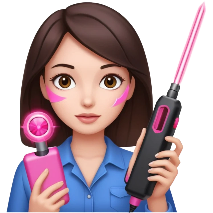 Brunette Female holding a pink laser device  emoji