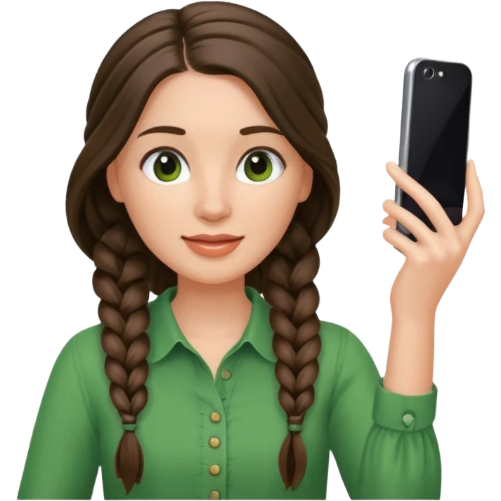 brunette long braided haired woman with green blouse holding her phone having selfie emoji