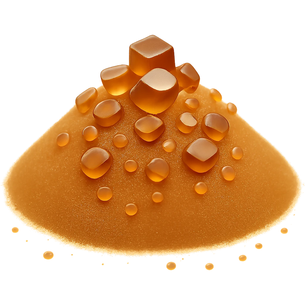Make the brown sugar texture finer, with smaller, more delicate crystals, while keeping the golden-amber color and natural, dry look. Add more scattered crystals around the base for realism. Maintain the look of Apple emoji style: clean, 3D, soft shadows, no cartoon features, no packaging, no bowl, transparent background, emoji scale. emoji