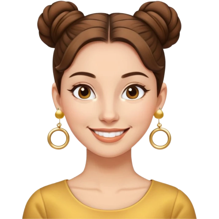 nữ 30 tuổi, da trắng, tóc nâu búi cao 2 bên gọn gàng, đeo khuyên tai vàng. cười tươi emoji