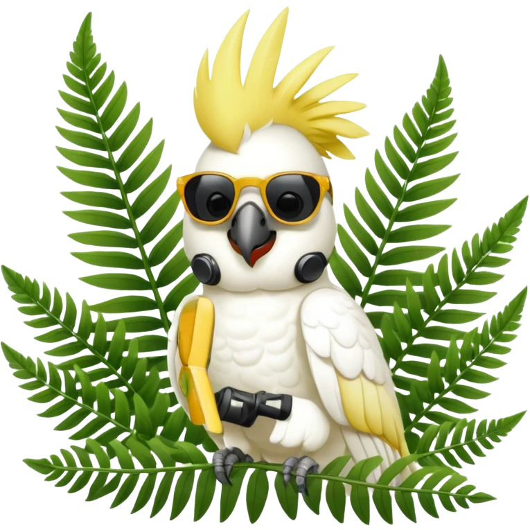 sulfer crested cockatoo wearing sunglasses sitting in a green fern tree emoji