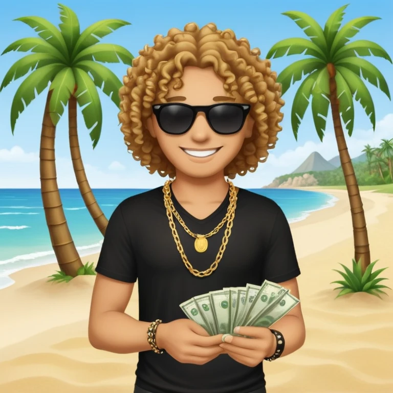 Smiling person with curly hair in black shirt and chain necklace, holding money bundles, black sunglasses, tropical beach scene with palm trees emoji