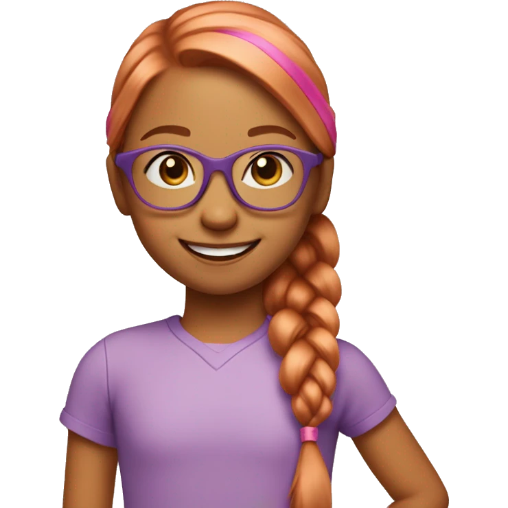 smiling six year old Girl with straight copper colored hair in a ponytail outdoors with pink glasses emoji