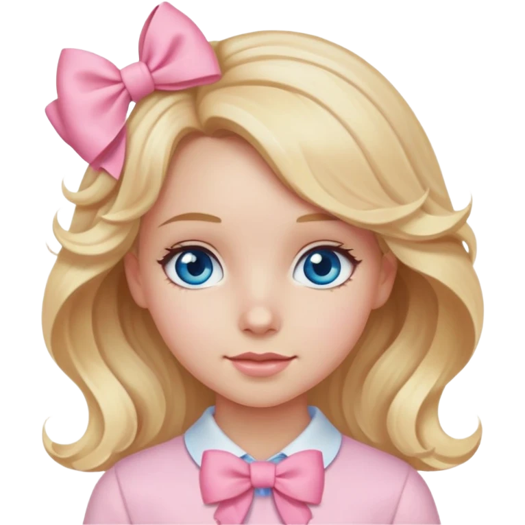 Girl with wavy blonde hair blue eyes and wearing light pink clothes and pink bow emoji