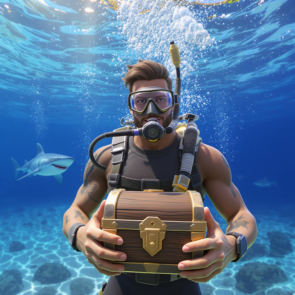 portrait, closeup, 3D, symmetrical, fortnite art style, diver holding chest underwater, happy shark swiming around him, blue crystal water, sunny day emoji
