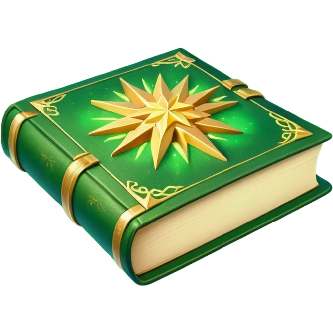 A **green, opened glowing book** with **golden edges**, floating with **sparkles and magical wisps** around it. The cover features a **golden starburst sigil**, symbolizing charm and radiance. ✨📖 emoji