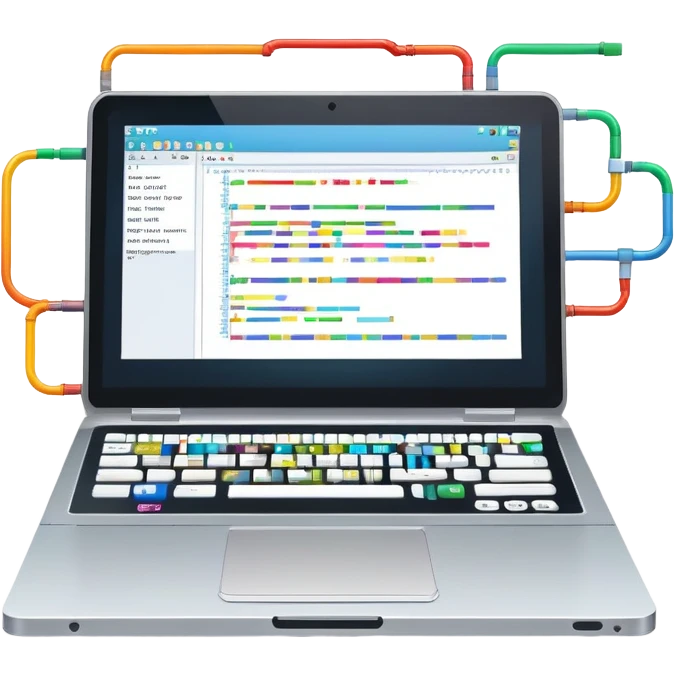 An icon featuring a laptop screen with colorful lines of code, brackets, and a blinking cursor, symbolizing programming. The design includes flowcharts, gear icons, and binary code, representing software development and logical problem-solving. Transparent background highlights the world of coding. emoji