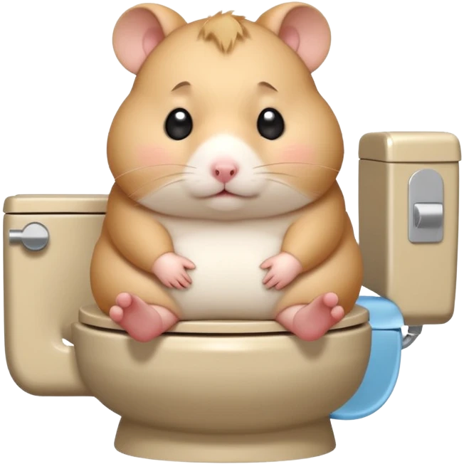 Cute chubby cartoon-style hamster sitting on toilet looking as if he had an accident, sticker-style illustration emoji