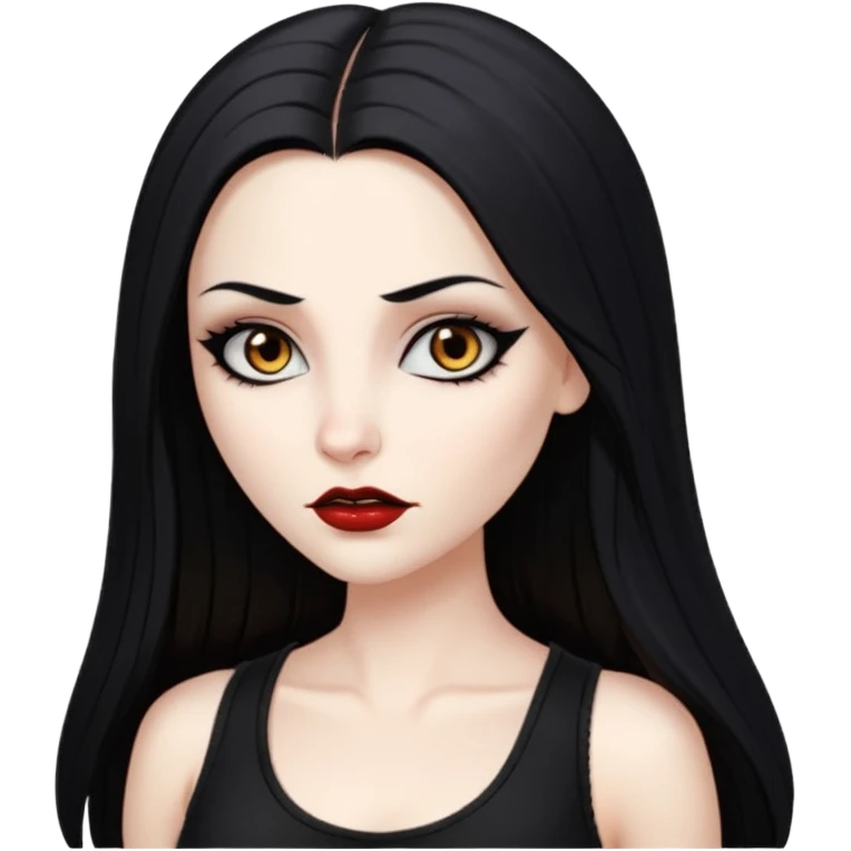 White woman with a white tank top long black hair glossy middle part straight long hair vampire look  brown eyes eyeliner winged with lashes top and bottom white border big lips black eyebrows emoji