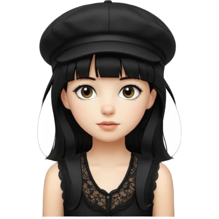 pinterst girl with heavy bang, black long hair and black color newsboy cap on her hat, wearing black color lace sleeveless  emoji