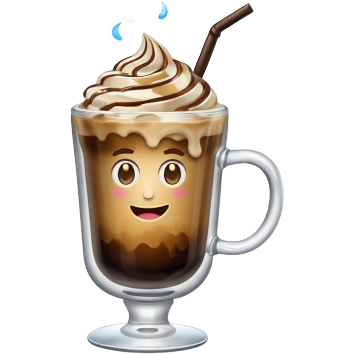 greek freddo espresso in transparent glass with swirling coffee, ice, creamy top, emoji style emoji