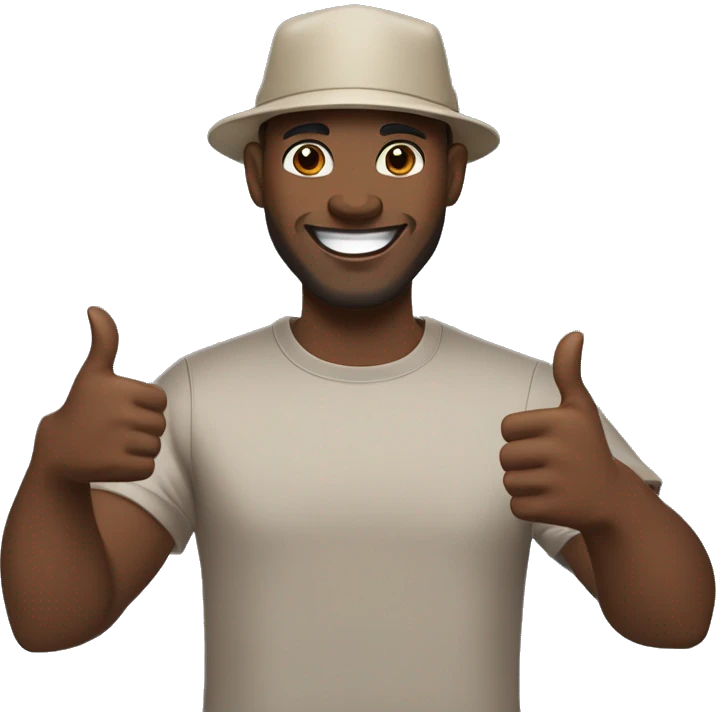 a software engineer with a dark complexion, wearing a beige hat , grey t shirt holding a dell precision 5680 laptop on his left hand and his right hand doing a thumbs up, he should be turning a bit from the camera while still facing it, with a big smile emoji