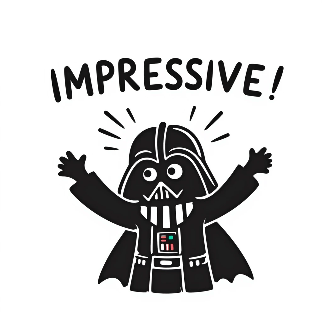 Darth Vader holding his hands above his head and saying IMPRESSIVE, energetic and bold, comic-like, dramatic pose and text, inspired by Destiny 2 Shaxx 'impressive' emoji emoji