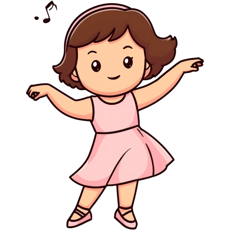 A 6 year old brunette girl wearing light pink and dancing happily   emoji