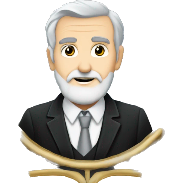 60 year old Caucasian male with grey hair and a grey gotee beard wearing a black dinner suit that has a badge on the left side of the jacket with a Freemason square and compass on it. Make the background a sky blue. emoji
