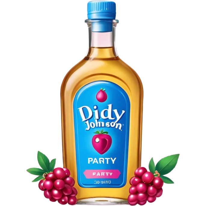 bottle of oil blue top pink outside with logo that says Diddy Party oil Johnson and Johnson  brand with a smiling berry on top emoji