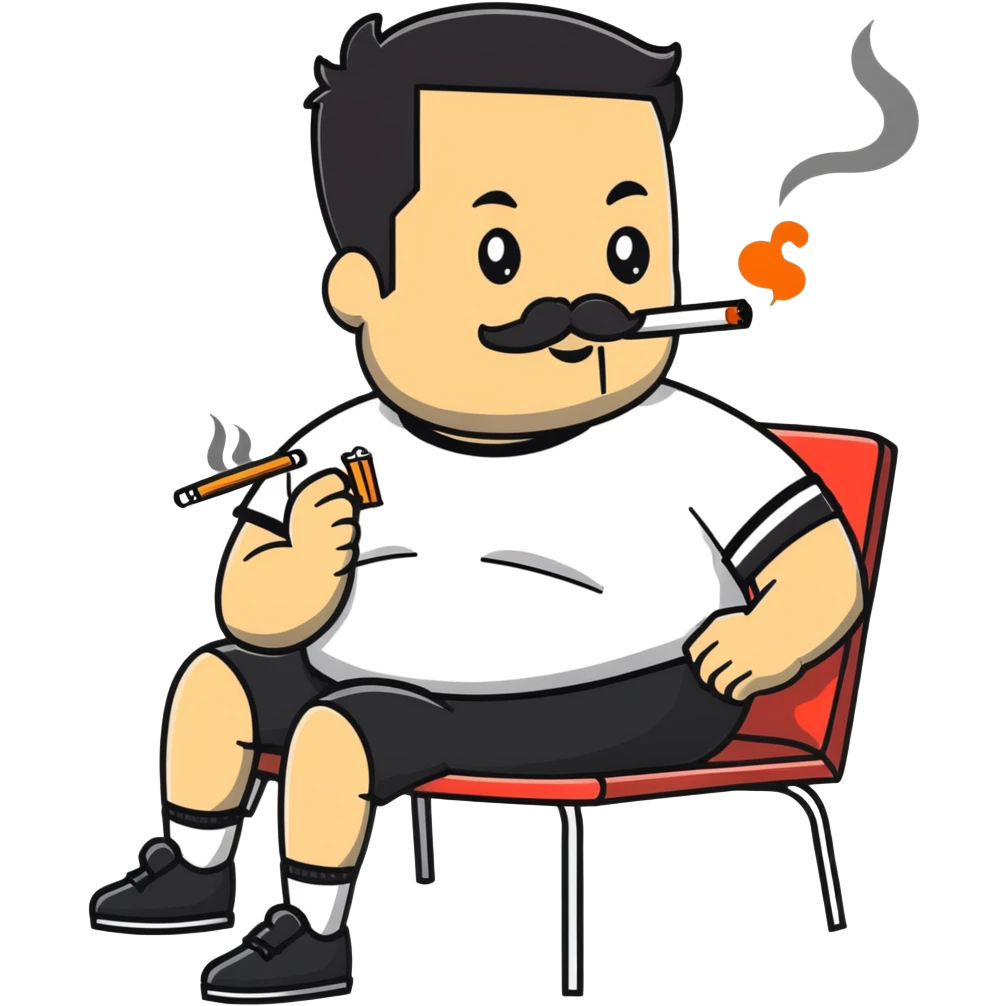 Heavy-set man leaning back in chair with legs spread, smoking cigarette, exposed belly, round face, short black hair, well-groomed beard with mustache, black t-shirt with light stripes on top portion, sleeves rolled up, black shorts, arms decorated with black graphic tattoo patterns on forearms and shoulders emoji