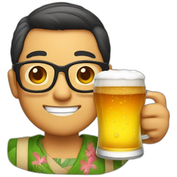 Japanese wearing glasses alohashirt is holding beer emoji