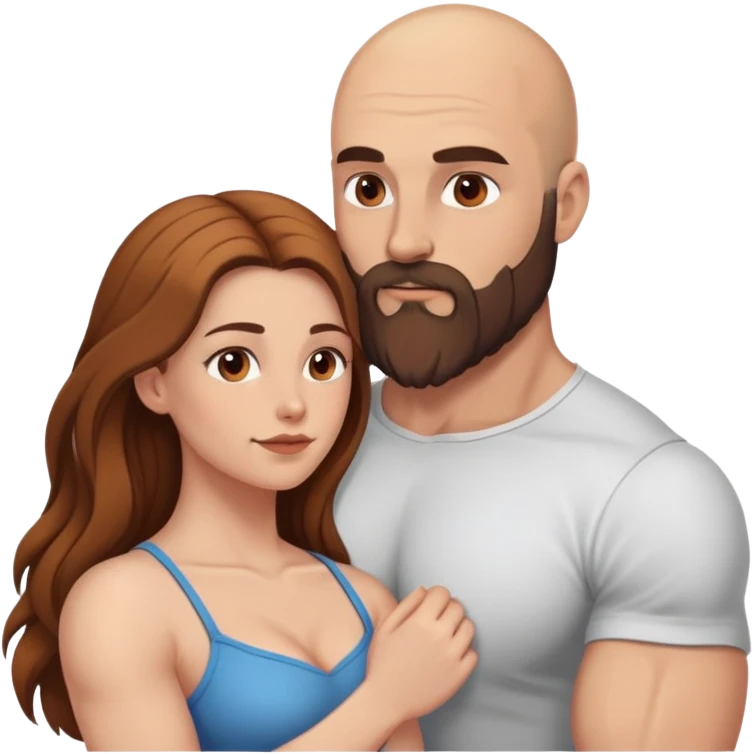 intimate moment between lovers muscular bald man brown beard, beautiful long hair woman emoji