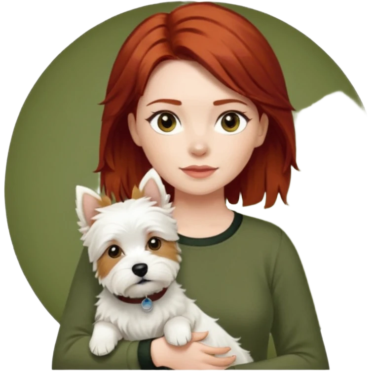 Westhighland white terrier dog being held by woman with dark shoulder length red hair and hazel eye wearing olive green top emoji