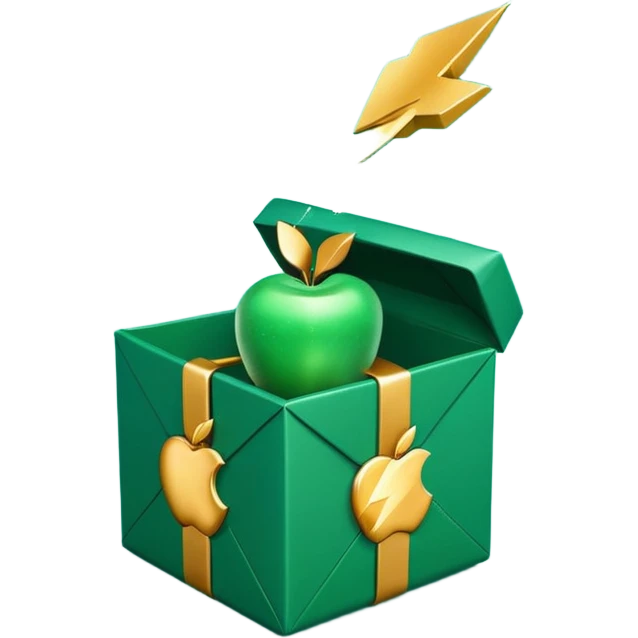 3D minimal open gift box with small floating icons coming out (envelope, lightning bolt, sparkle), matte finish, deep green (#0B3D2C) box, gold (#C9B037) icons, Apple style, ultra minimal, soft shadow, transparent background emoji