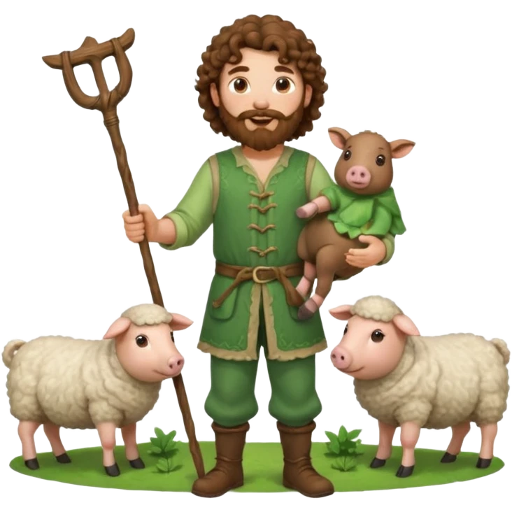 happy young shepard with long curly brown beard and long curly brown hair, in green magical outfit, with wooden shepard stick in hands, taking care of sheep and pigs emoji