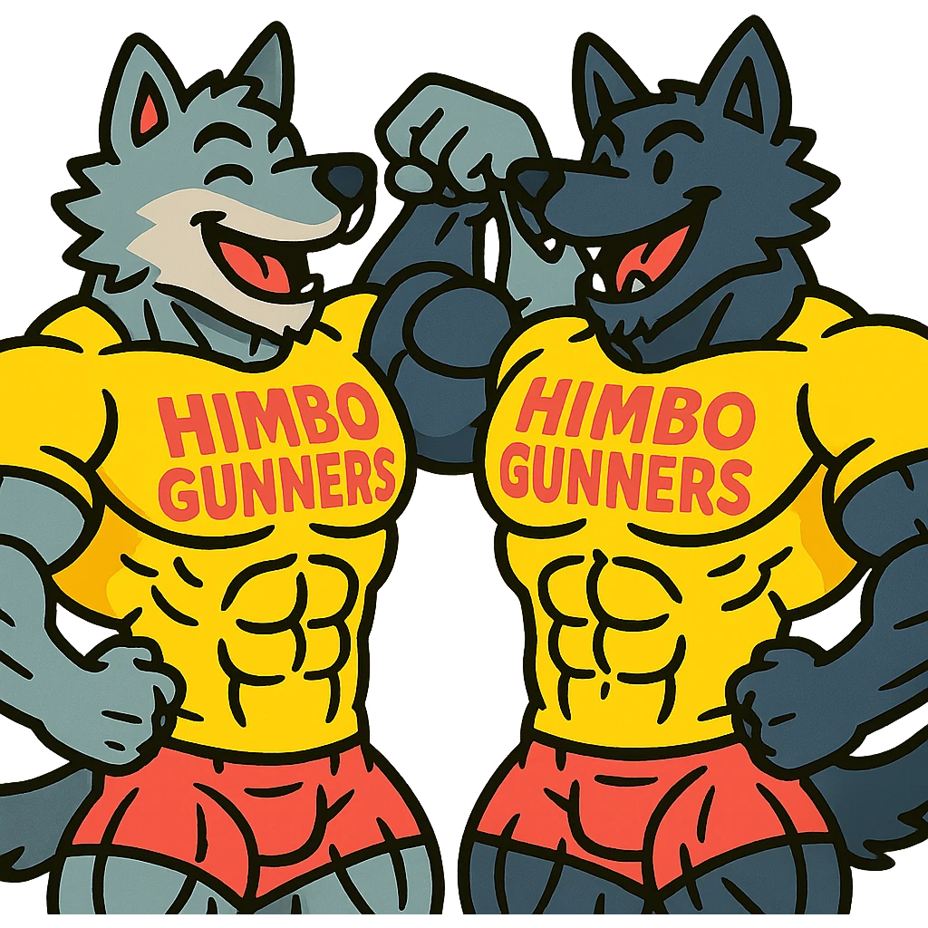 pair of ultra-muscular wolf furries wearing 'Himbo gunners' t-shirts, flexing and touching each other's biceps, cheerful and energetic, very large, defined, and detailed muscles, ultra high quality emoji