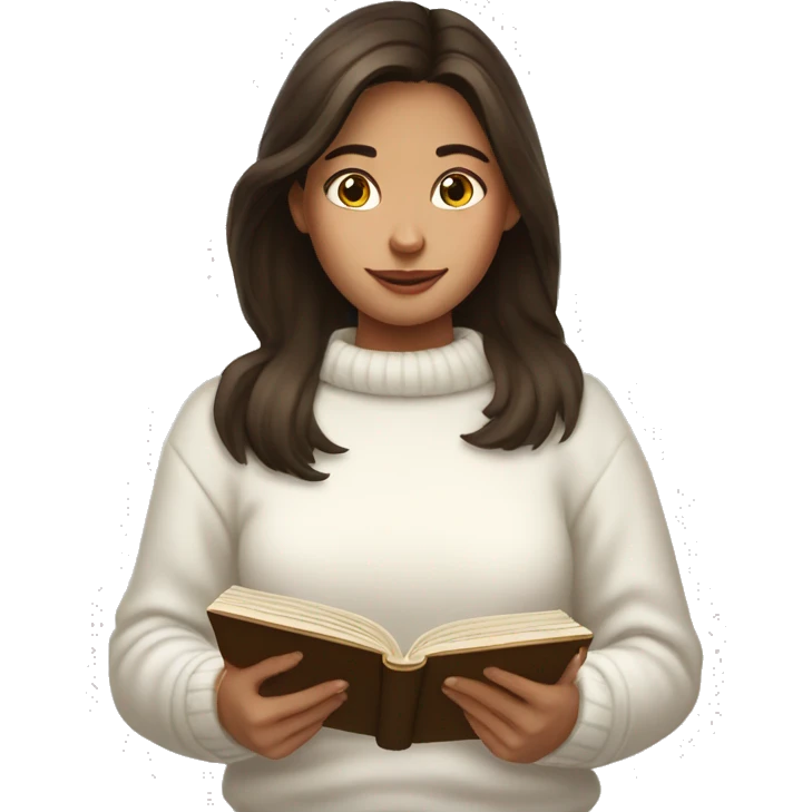 brunette girl in a white sweater is reading a book in her hands emoji
