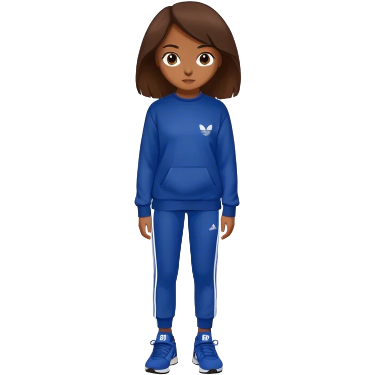 Girl with brown hair, brown eyes a dark blue pullover, brown adidas shoes  emoji