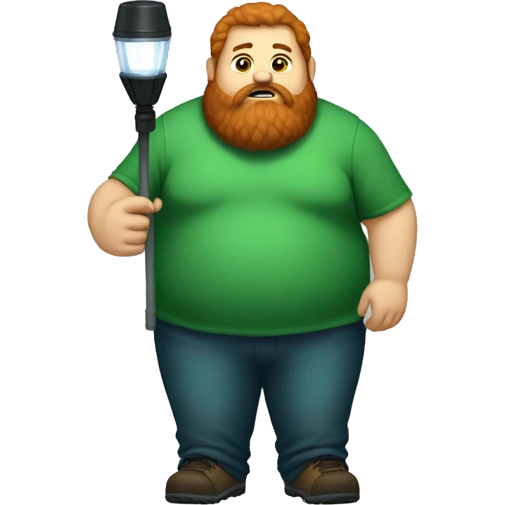 caseoh, man, very fat, 500lbs, red hair, long beard, full body, holding a flashlight, green background emoji