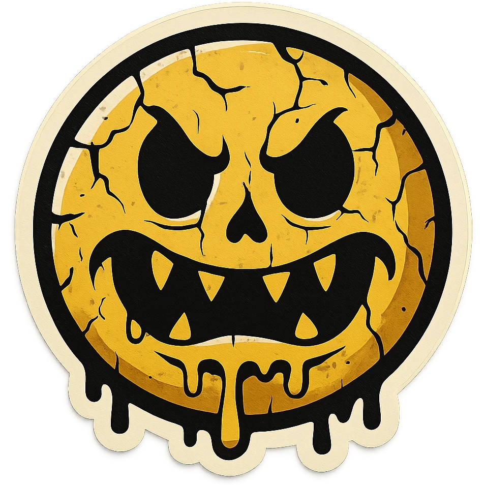 scary emoji with cracks, drips and chips, retro stickers style, sharp black outlines, clear shadows and highlights, no gradients emoji