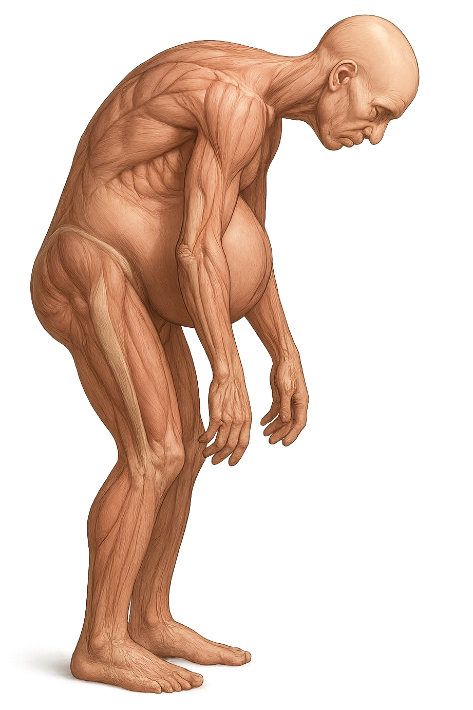 corpo umano anatomico realistico che si butta con la schiena e le spalle in avanti, pancia sporgente e postura delle spalle chiuse, isolato su sfondo bianco emoji