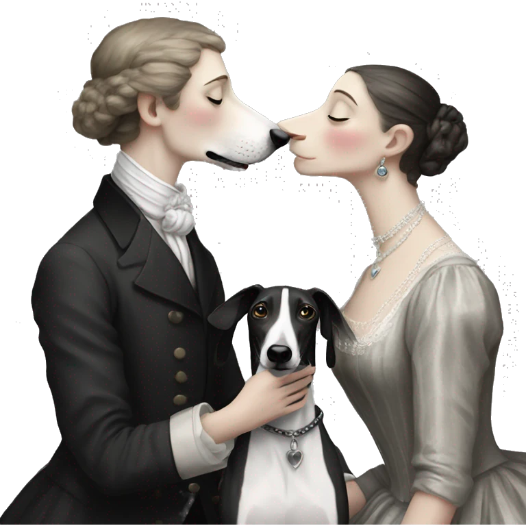 A family Two aristocrat dog black and white galgo kiss with women  emoji