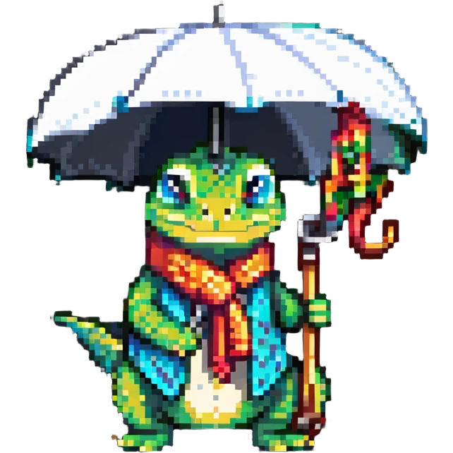 lizard wearing shoes and a scarf, holding an umbrella, grumpy expression emoji