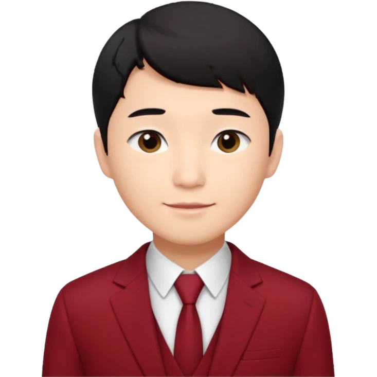 handsome Asian man emoji, short black hair with soft fringe, clean and elegant look, fair skin, gentle smile, wearing dark red suit and white shirt emoji
