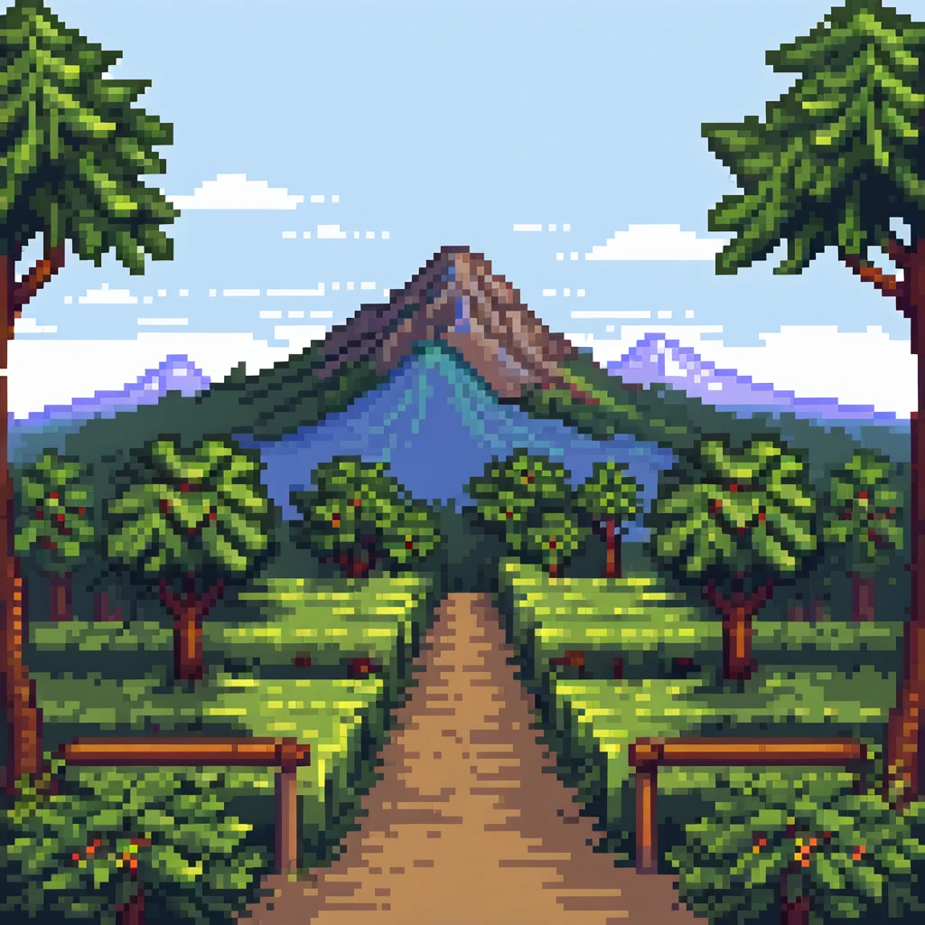 2D forest background with parallax layers, trees, bushes and a distant mountain emoji
