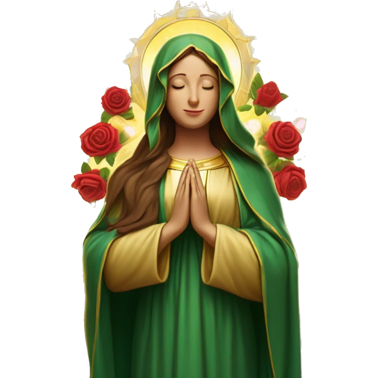 Virgin Mary: kind face looking down at the left, long brown hair, Wearing an emerald green  robe with gold stars and a burgundy red dress,  Hands in prayer or blessing. Halo around her head. standing in front of a big sun. colorful roses on the sides  emoji
