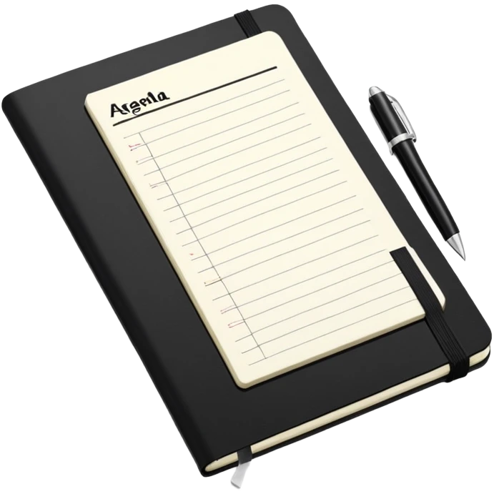 An open black Moleskine notebook with 'AGENDA' written in bold at the top of the page and meeting items with bullet points clearly visible below emoji