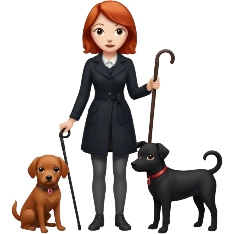 Red headed woman with a cane and a black dog emoji