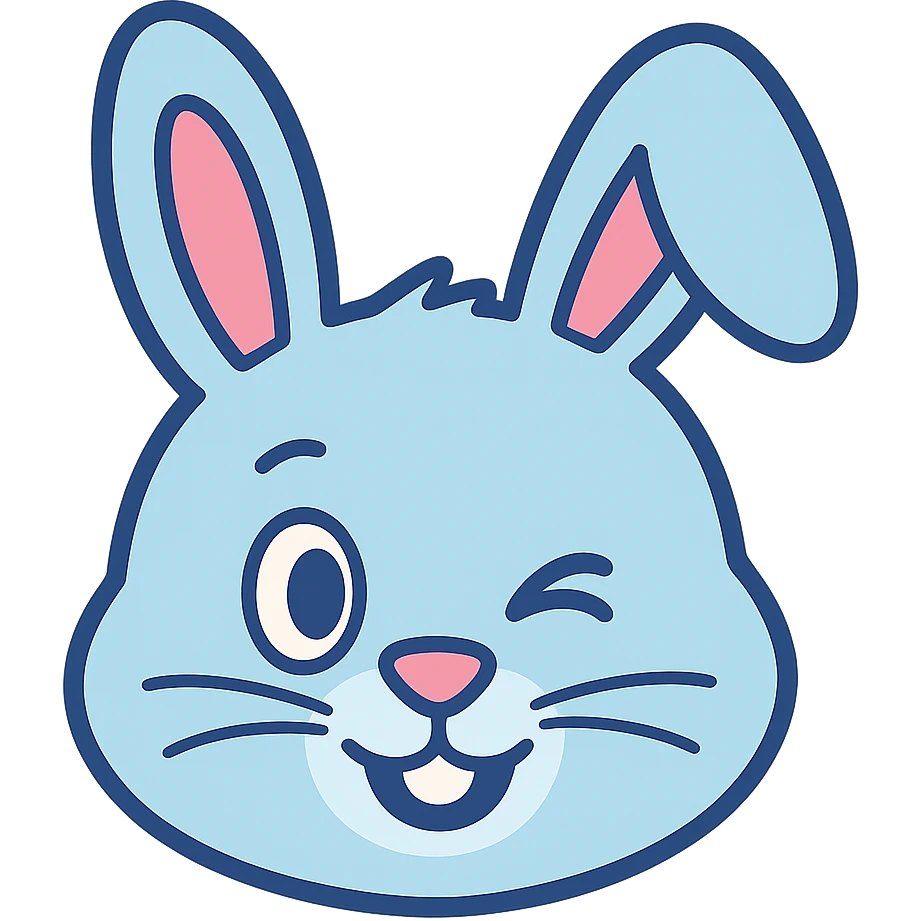 Change the skinny bunny to a blue pastel color. Make it cute, smiling, friendly, and give it a winking face. Remove the background. emoji