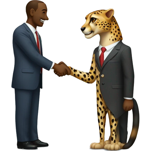 A cheetah in a classic suit shakes hands with a man  emoji