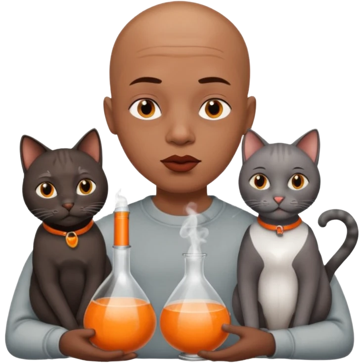Bald headed boy with extremely big lips smoking from a glass pipe while cuddling two cats one orange and one grey  emoji
