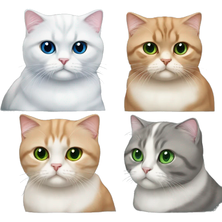 Scottish Fold cat with red fur and green eyes with straight ears sits with Scottish Fold, a cat with folded ears, blue eyes and white fur. emoji