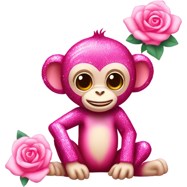 Pink ombre sparkly monkey with roses  emoji