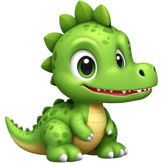 A green plush toy dinosaur with big eyes and a cute smile emoji