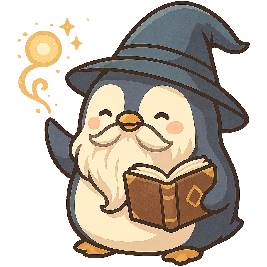 a chubby penguin wizard casting a spell, with a long beard and a mystical book emoji