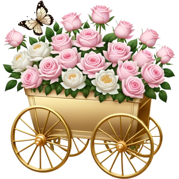 A nostalgic Parisian flower cart, overflowing with freshly picked pale pink roses and white peonies, its golden wheels glistening under the soft glow of lantern light, with pearl butterflies resting on the floral arrangements.
 emoji