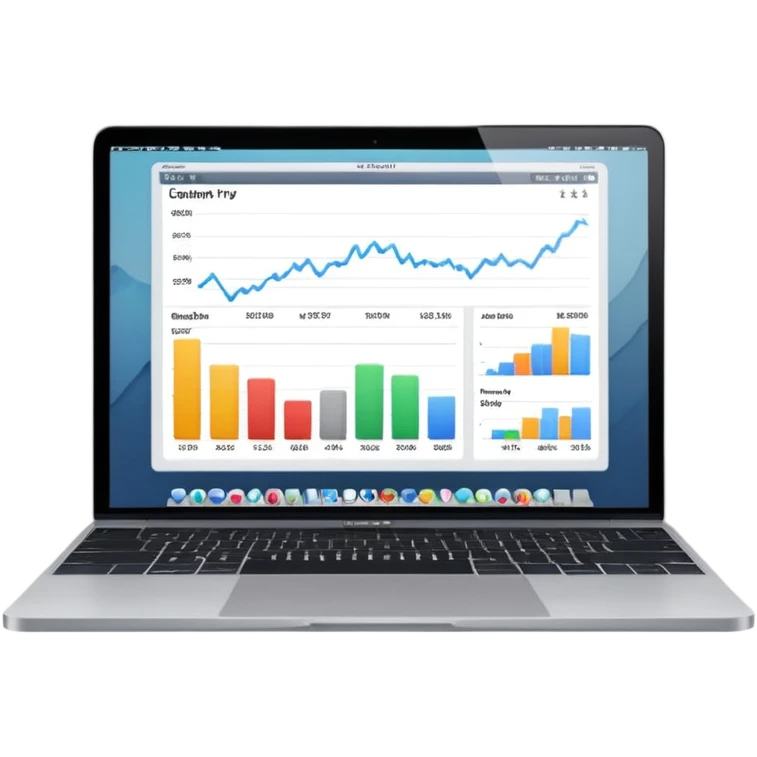 Create a macbook displaying financial charts and analytics dashboards on the screen. emoji