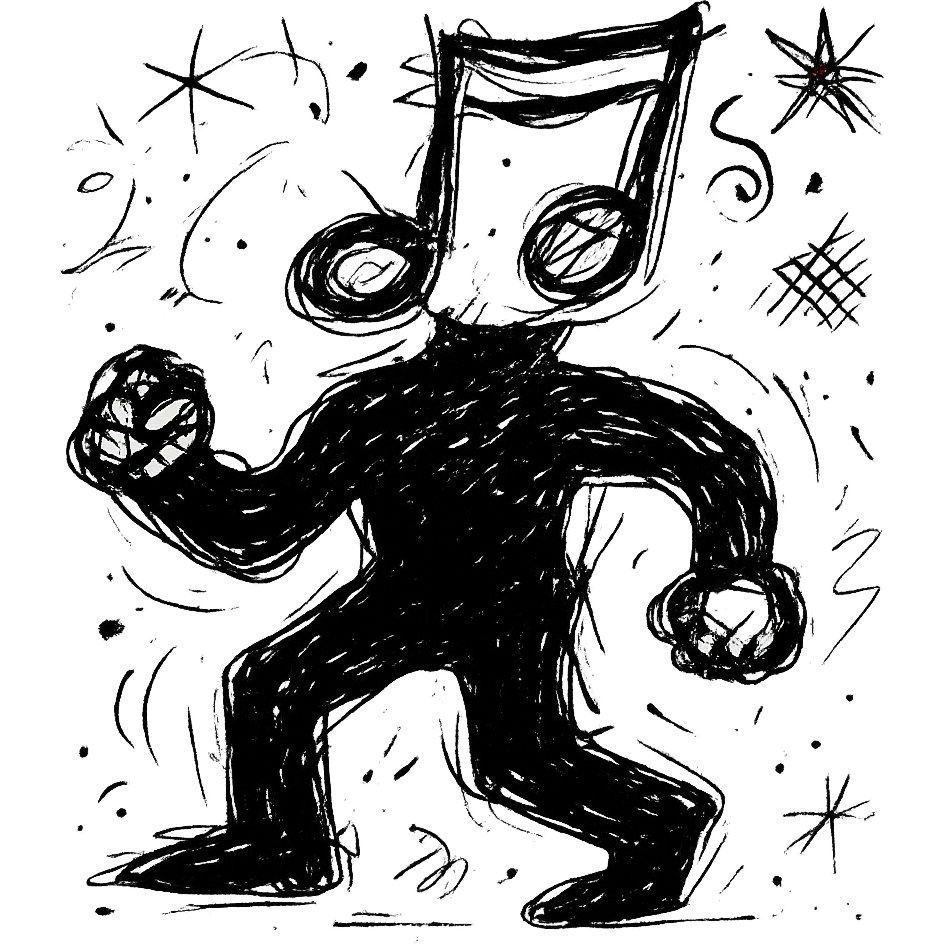 silhouette vector of a man with a music note for a head, chaotic outline style emoji