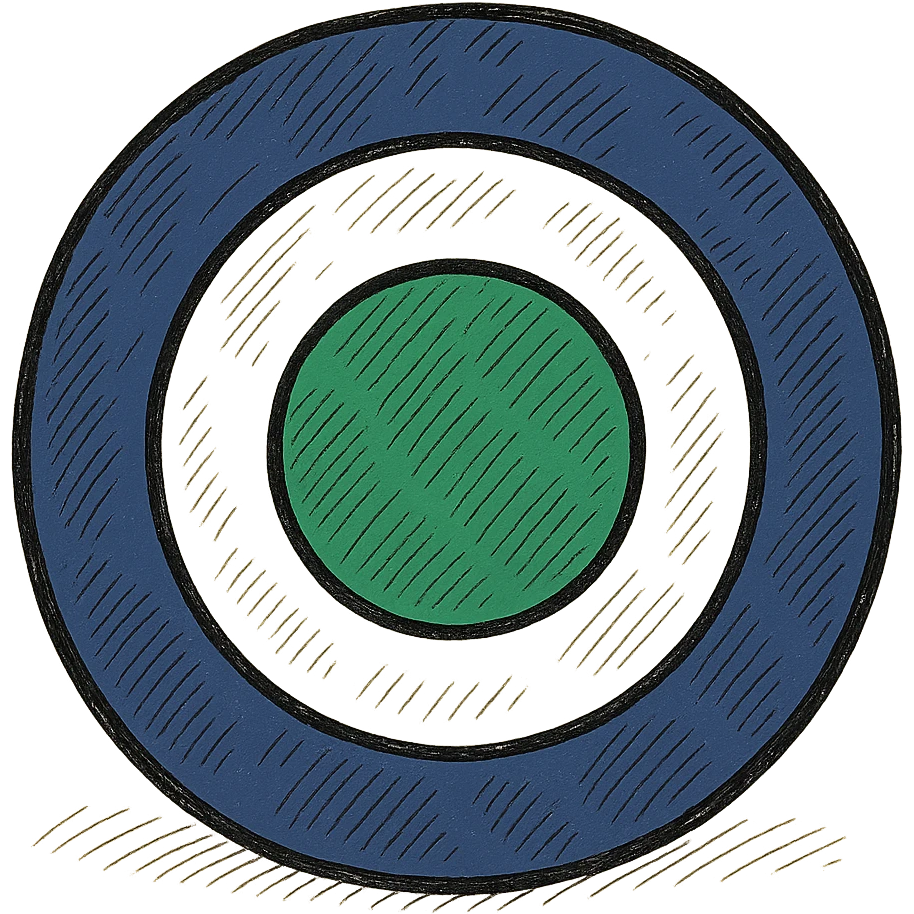 A target with navy rings and a vibrant green bullseye, with a border, doodle style emoji